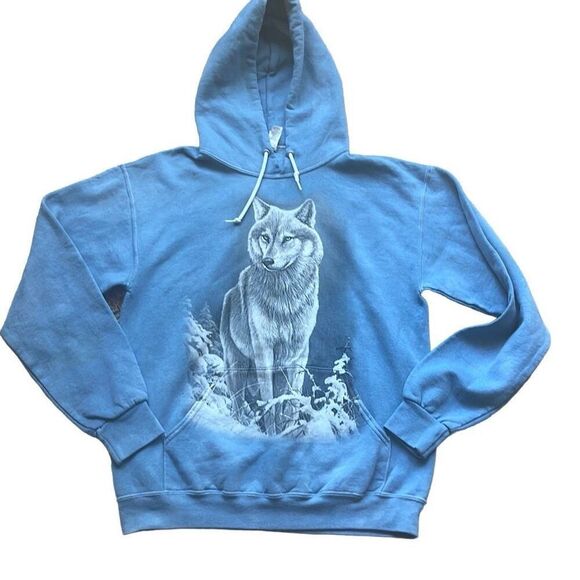 Jerzees Medium Y2K Blue Wolf Graphic Pullover Hoodie Sweatshirt Drawstring - Picture 1 of 8